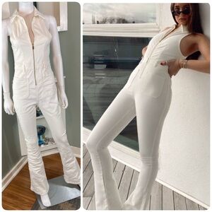 WeWoreWhat White Sleeveless Zip Flared Bell Bottom Stretch Denim Jumpsuit Size 4